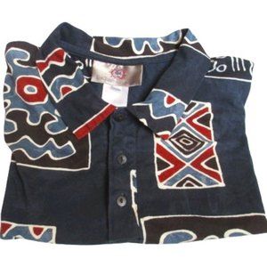 The Territory Ahead Men's Blue Tie-Dye Tribal Print V-Neck Button Down Shirt  L